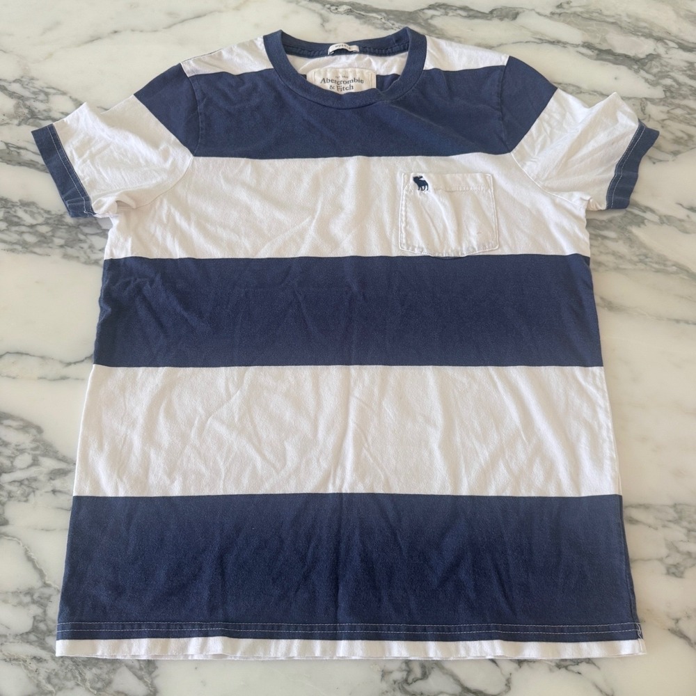 Abercrombie & Fitch Mens Muscle Fit Striped Pocket T-Shirt Navy White Large